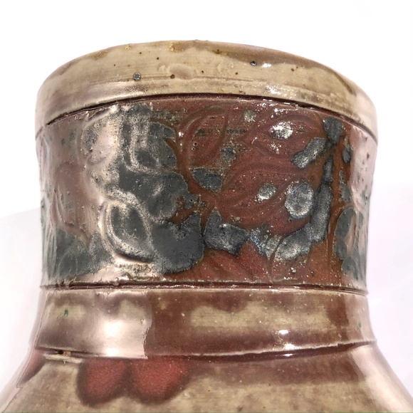 handmade pottery vase raku vessel leaves brown black blue drip 4 inches tall - Picture 5 of 16